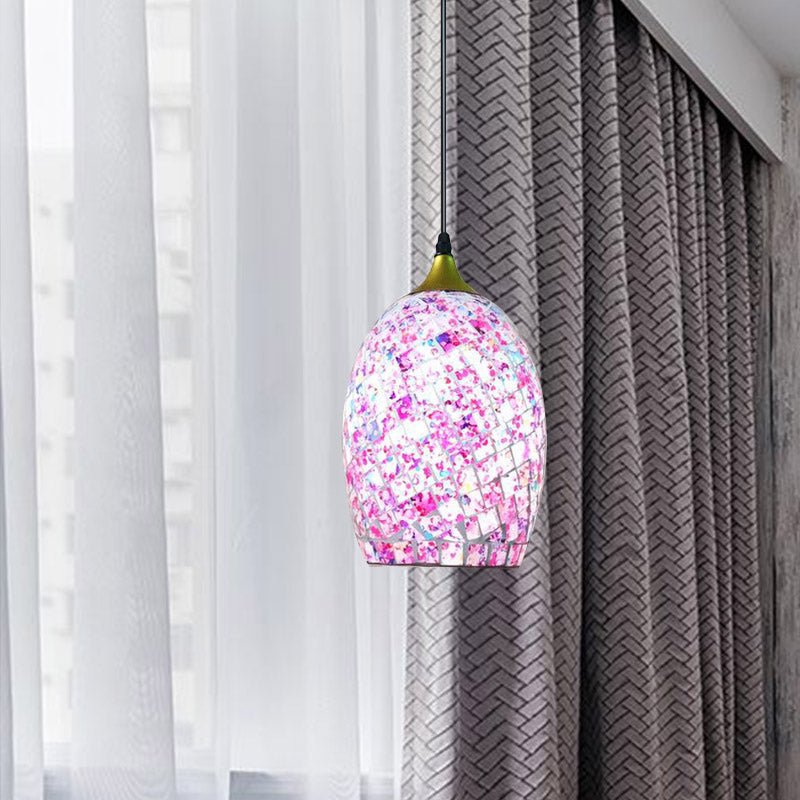 1 Bulb Dining Table Suspension Pendant Tiffany Black Hanging Light Kit with Ovoid Red/Pink/Black Crackle Glass Shade