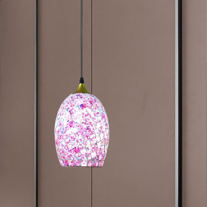 1 Bulb Dining Table Suspension Pendant Tiffany Black Hanging Light Kit with Ovoid Red/Pink/Black Crackle Glass Shade