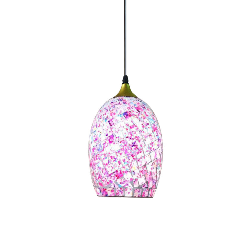 1 Bulb Dining Table Suspension Pendant Tiffany Black Hanging Light Kit with Ovoid Red/Pink/Black Crackle Glass Shade