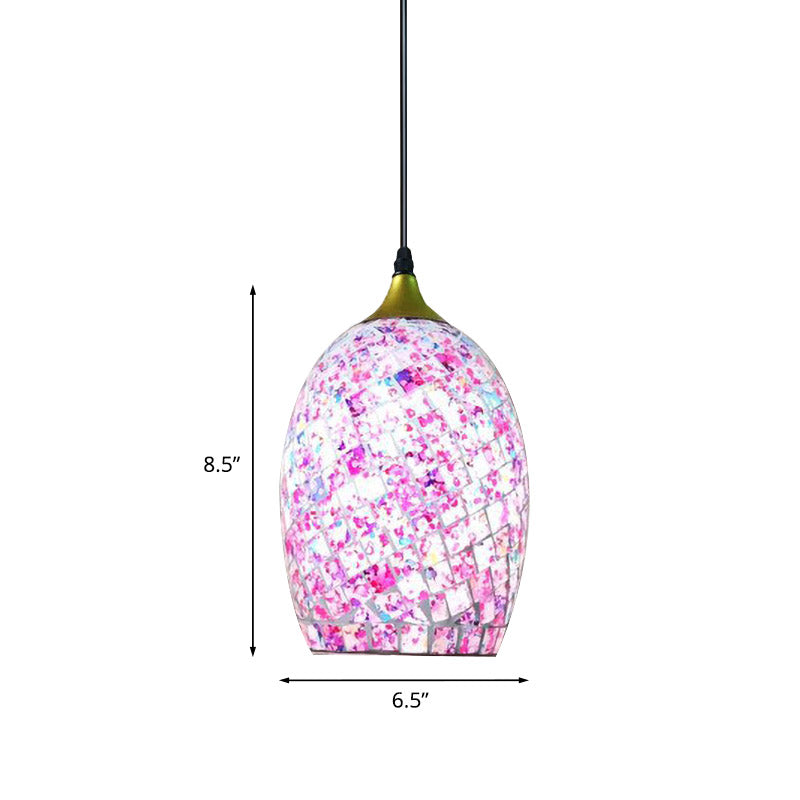 1 Bulb Dining Table Suspension Pendant Tiffany Black Hanging Light Kit with Ovoid Red/Pink/Black Crackle Glass Shade