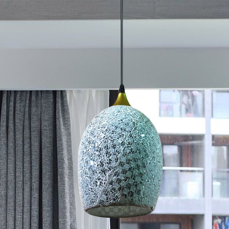 1 Bulb Dining Table Suspension Pendant Tiffany Black Hanging Light Kit with Ovoid Red/Pink/Black Crackle Glass Shade