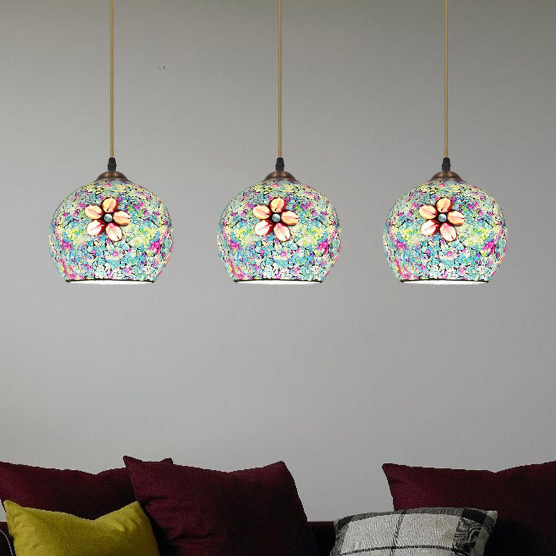 Tiffany Style Domed Multi Hanging Light 3 Heads Multicolored Flower Glass Suspension Lighting in Bronze