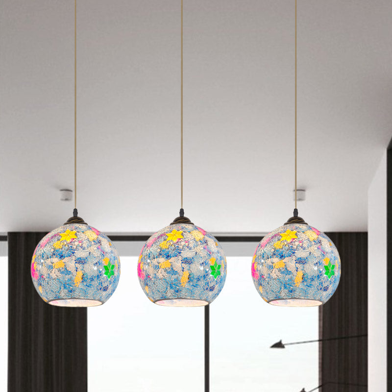Tiffany Glass Light Blue Multi Pendant Leaf-Pattern Globe 3-Bulb Baroque Ceiling Suspension Lamp