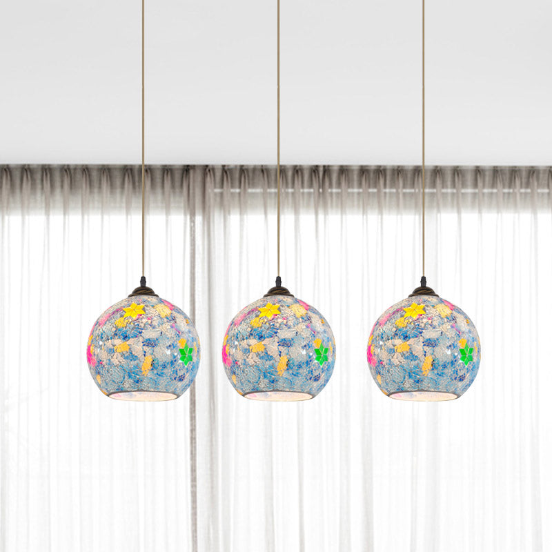 Tiffany Glass Light Blue Multi Pendant Leaf-Pattern Globe 3-Bulb Baroque Ceiling Suspension Lamp