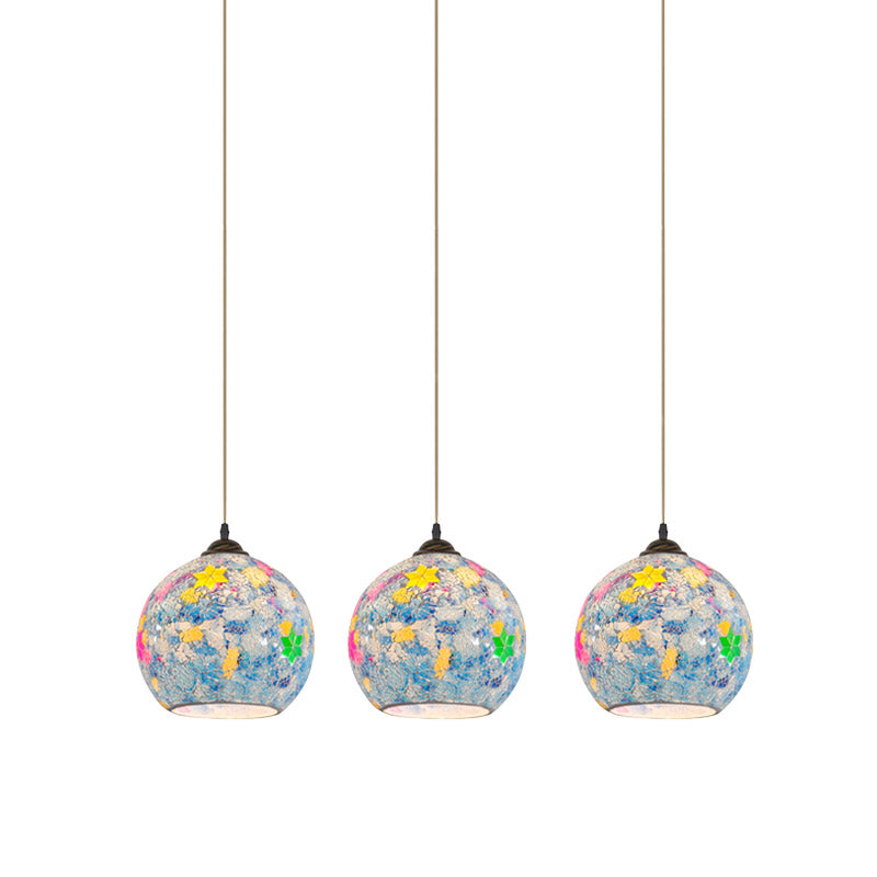 Tiffany Glass Light Blue Multi Pendant Leaf-Pattern Globe 3-Bulb Baroque Ceiling Suspension Lamp