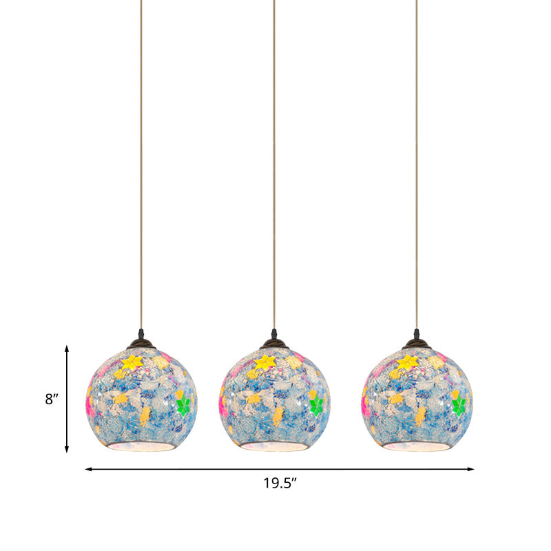Tiffany Glass Light Blue Multi Pendant Leaf-Pattern Globe 3-Bulb Baroque Ceiling Suspension Lamp