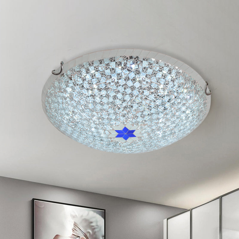 Basket Ceiling Flush Mount Mediterranean Clear Checkered Crackle Glass 2/3-Head Flushmount Lighting, 12"/16" Width