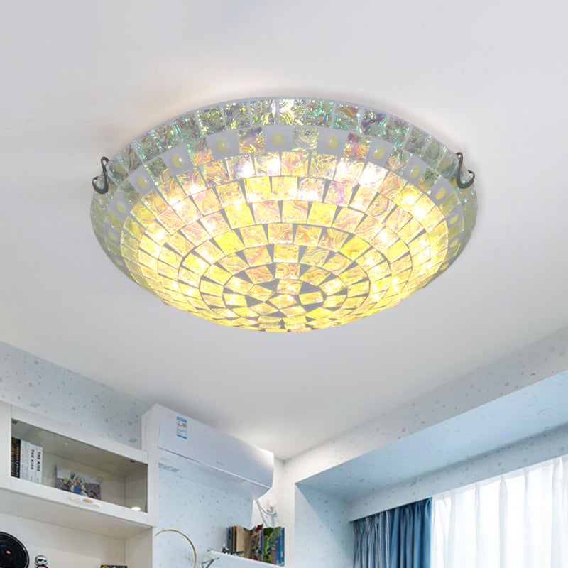 Bowl Square-Cut Glass Ceiling Lamp Baroque 12"/16" Wide 2/3 Lights Blue Flush Mount Light Fixture for Bedroom
