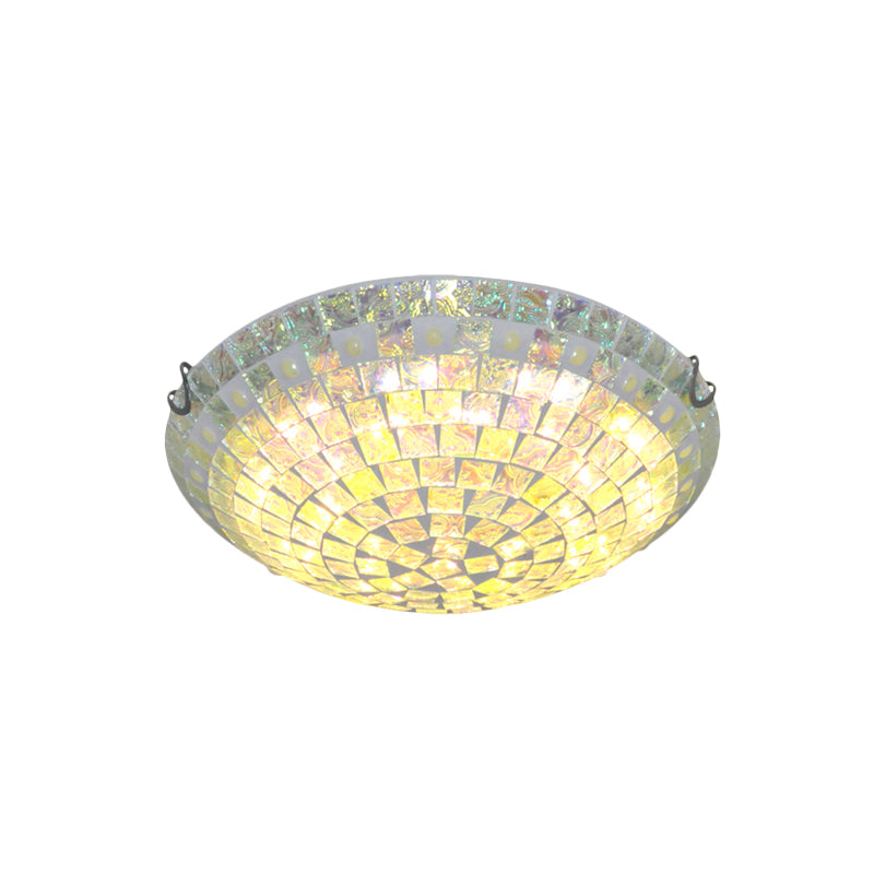 Bowl Square-Cut Glass Ceiling Lamp Baroque 12"/16" Wide 2/3 Lights Blue Flush Mount Light Fixture for Bedroom