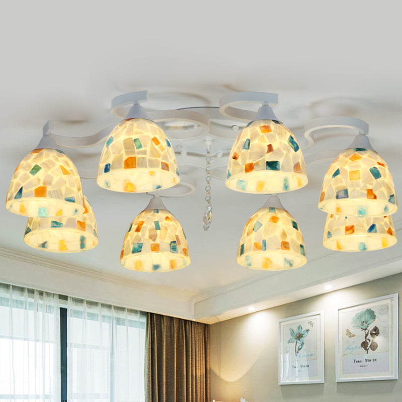 Bell-schaal met mozaïek-tegel spoel kroonluchter mediterrane 8-licht witte semi-spoeling montage plafondlicht