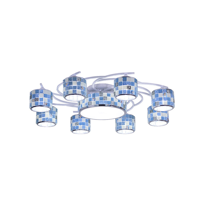Mediterranean Drum Checkered Semi Flush 11 Heads Blue Glass Ceiling Mount Chandelier for Living Room