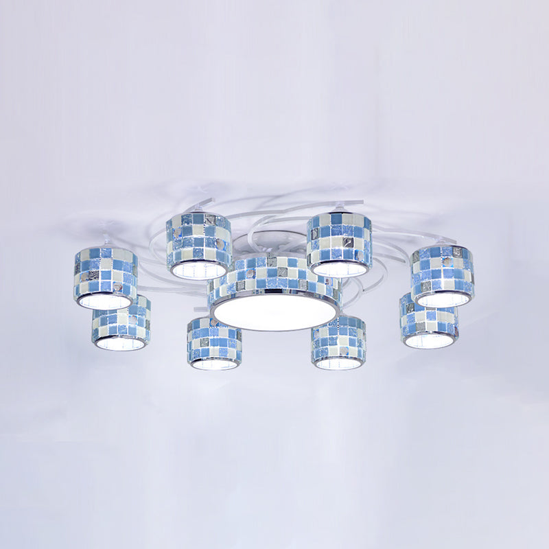 Mediterranean Drum Checkered Semi Flush 11 Heads Blue Glass Ceiling Mount Chandelier for Living Room