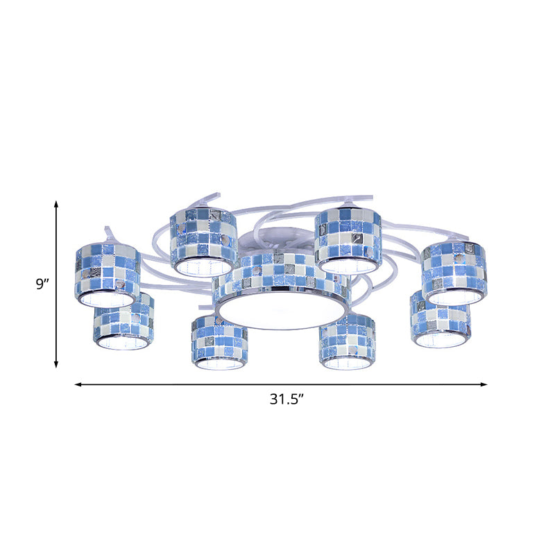 Mediterranean Drum Checkered Semi Flush 11 Heads Blue Glass Ceiling Mount Chandelier for Living Room