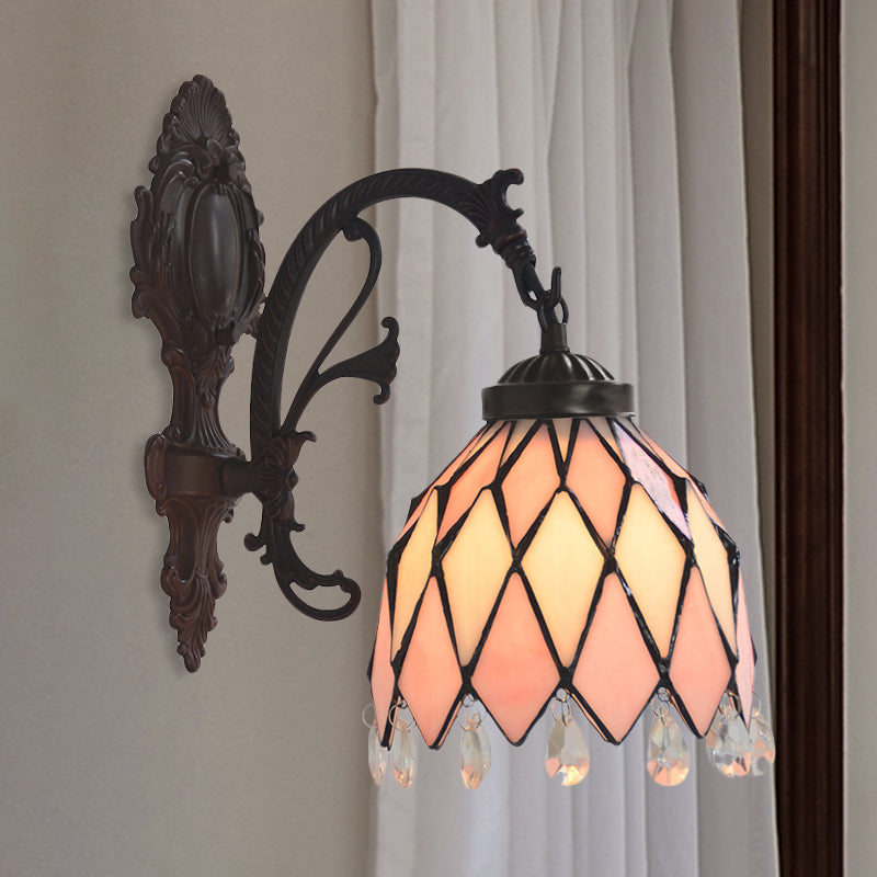 1 Light Lattice Bowl Wall Lamp Tiffany Bronze Finish Stained Glass Sconce Light Fixture with Crystal Accent