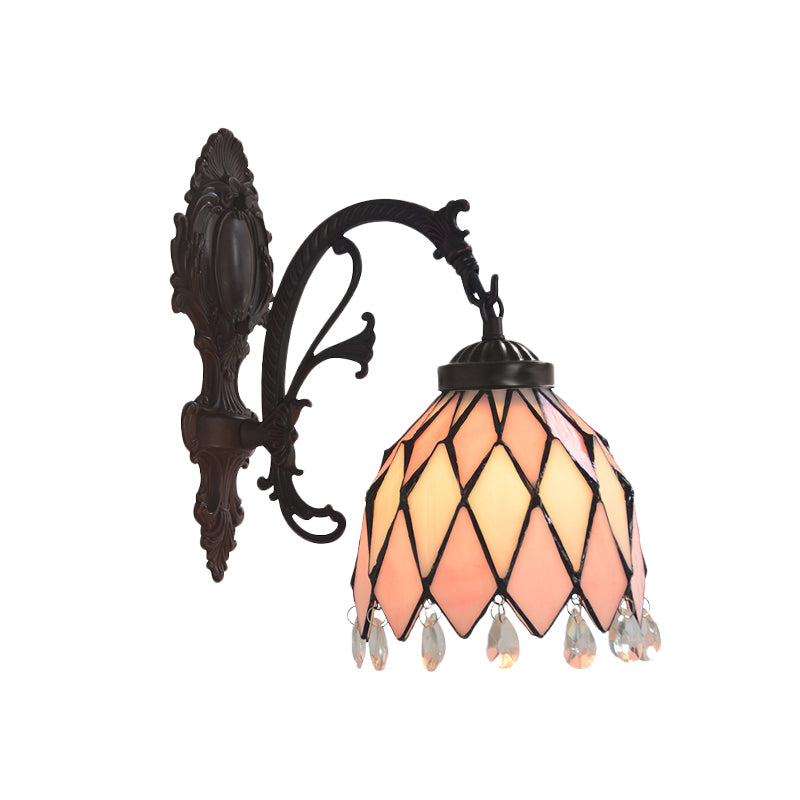 1 Light Lattice Bowl Wall Lamp Tiffany Bronze Finish Stained Glass Sconce Light Fixture with Crystal Accent