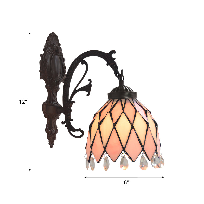 1 Light Lattice Bowl Wall Lamp Tiffany Bronze Finish Stained Glass Sconce Light Fixture with Crystal Accent