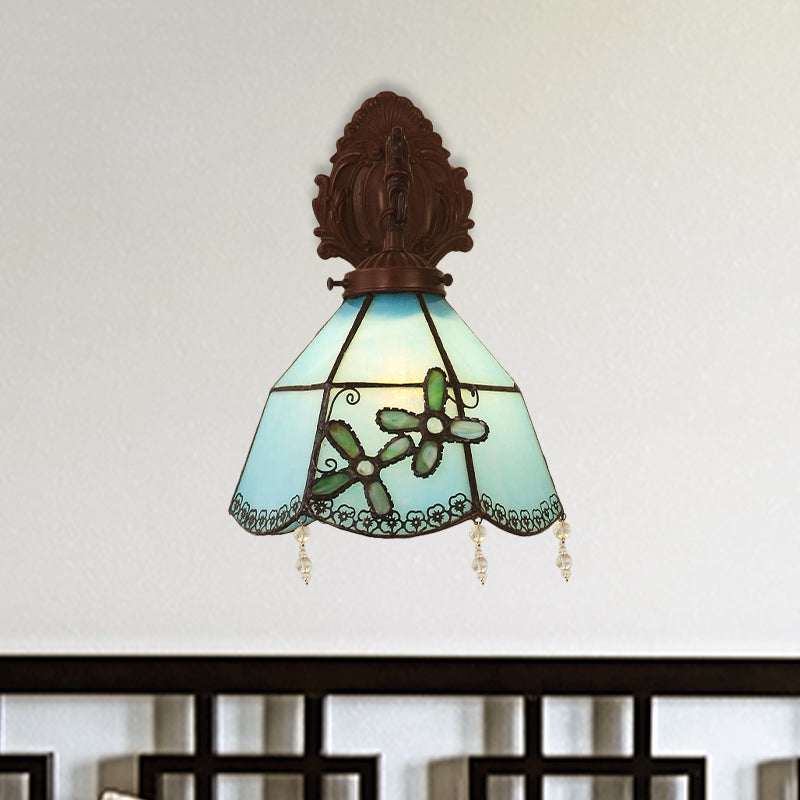 Curved Arm Wall Light Mediterranean Metal 1 Bulb Bronze Sconce with Dome Blue Glass Shade for Dining Room