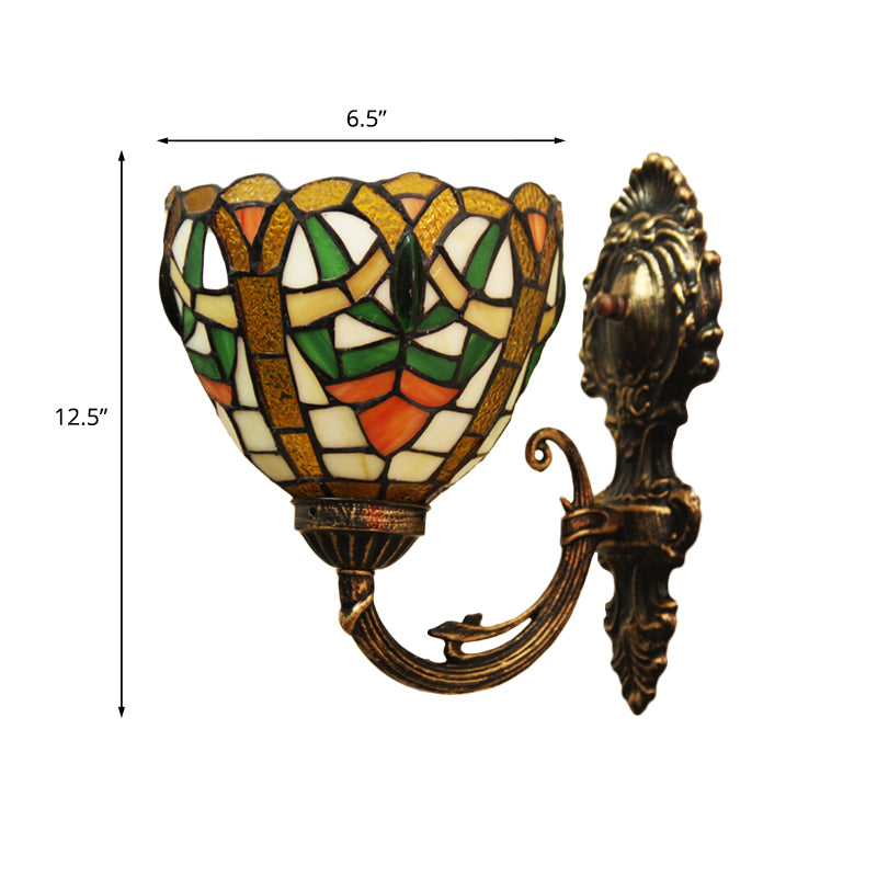 1-Light Dining Room Wall Light Fixture Victorian Brass Wall Mounted Lighting with Bowl Stained Glass Shade