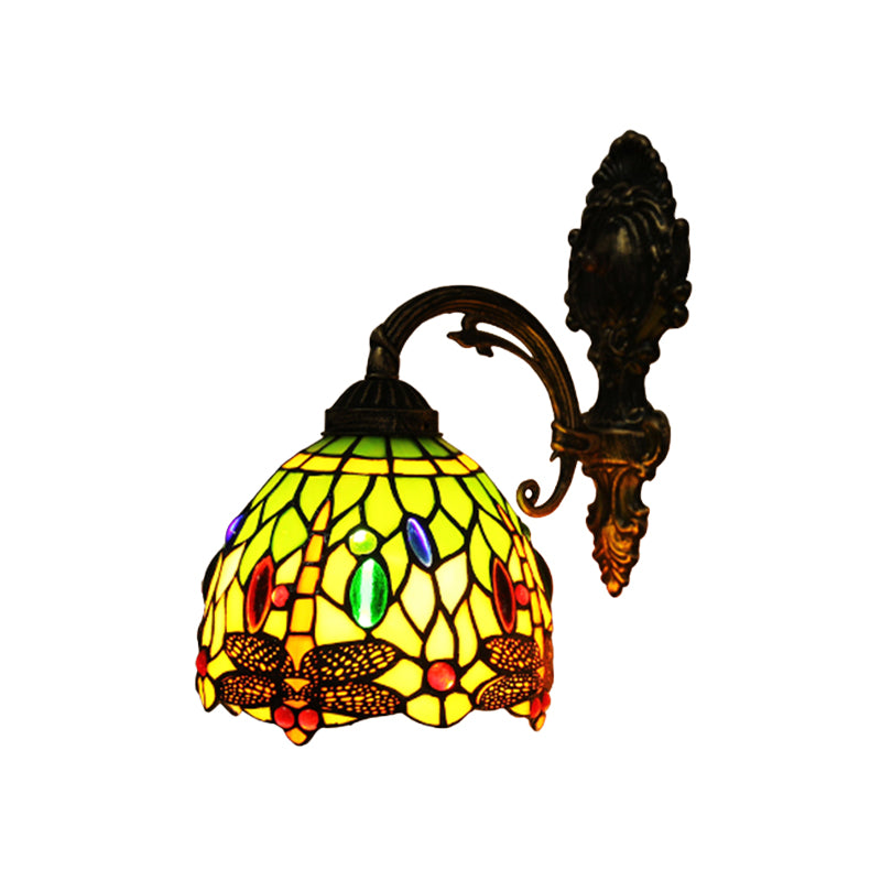 Stained Art Glass Bronze Sconce Domed 1 Head Tiffany Style Wall Mount Light Fixture with Dragonfly Pattern