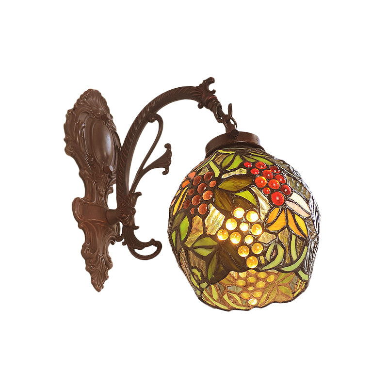Copper Dome Surface Wall Sconce Victorian 1 Light Stained Art Glass Grape Patterned Wall Light Fixture for Dining Room