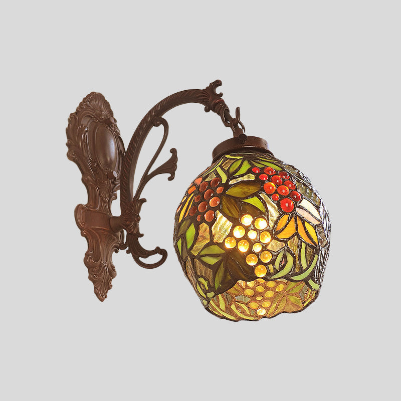 Copper Dome Surface Wall Sconce Victorian 1 Light Stained Art Glass Grape Patterned Wall Light Fixture for Dining Room