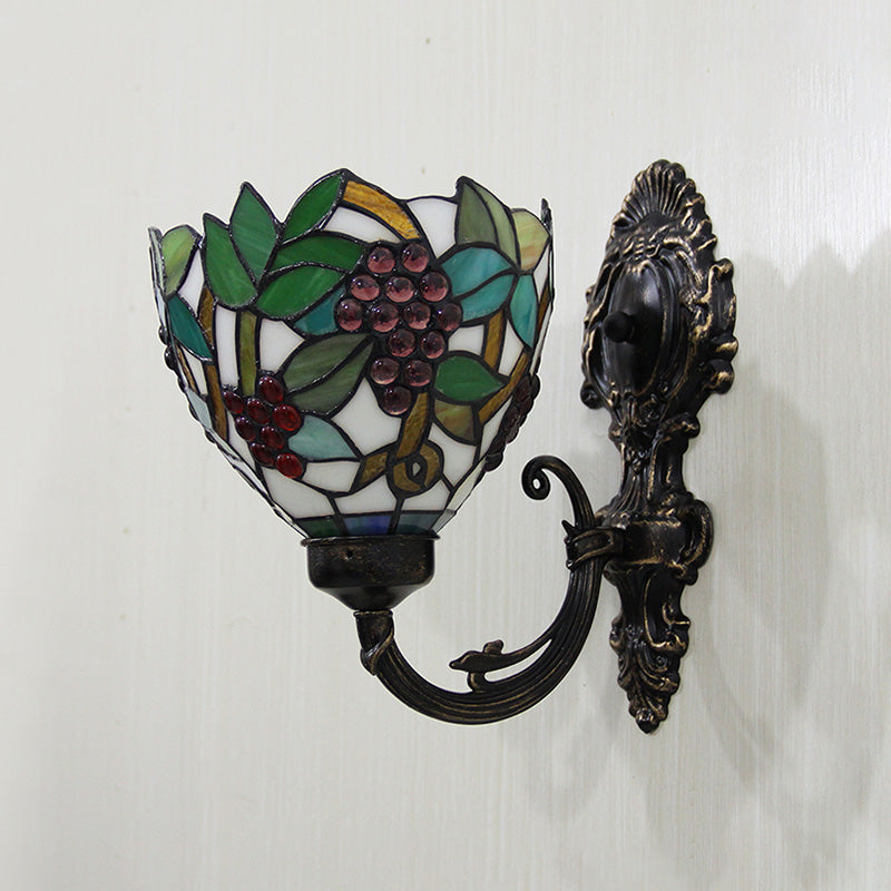 Tiffany Bowl Wall Sconce 1 Head Stained Glass Grape Patterned Wall Mount Lamp in Green and White/Black