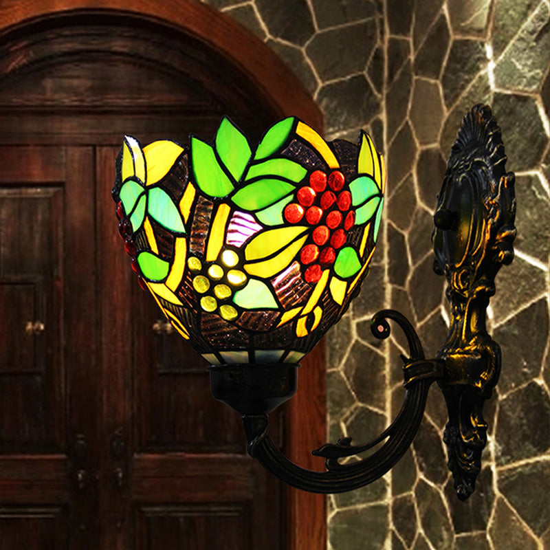 Tiffany Bowl Wall Sconce 1 Head Stained Glass Grape Patterned Wall Mount Lamp in Green and White/Black