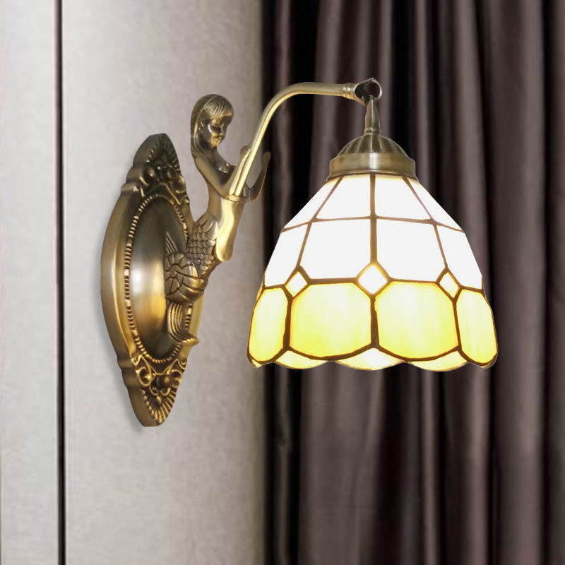 1 Bulb Living Room Wall Mounted Light Baroque Bronze Mermaid Wall Lamp with Grid Dome Dark/Sky Blue and White Glass Shade