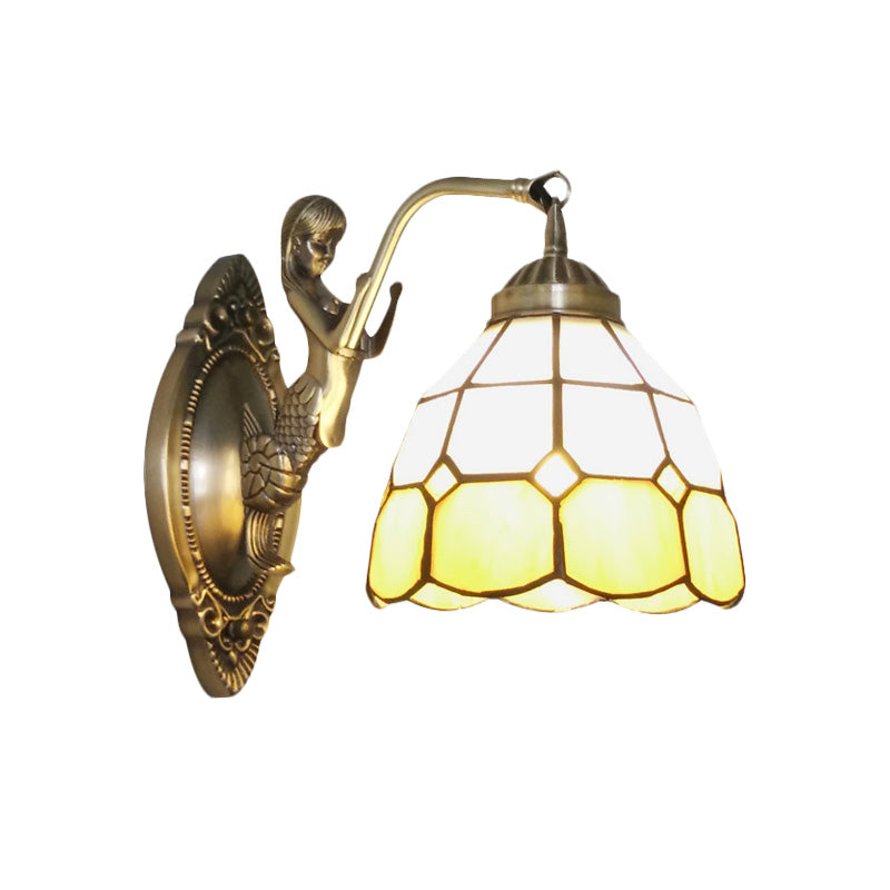1 Bulb Living Room Wall Mounted Light Baroque Bronze Mermaid Wall Lamp with Grid Dome Dark/Sky Blue and White Glass Shade
