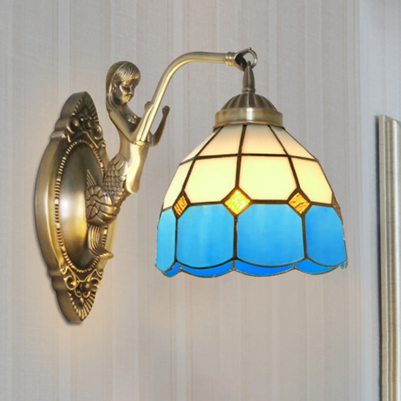 1 Bulb Living Room Wall Mounted Light Baroque Bronze Mermaid Wall Lamp with Grid Dome Dark/Sky Blue and White Glass Shade
