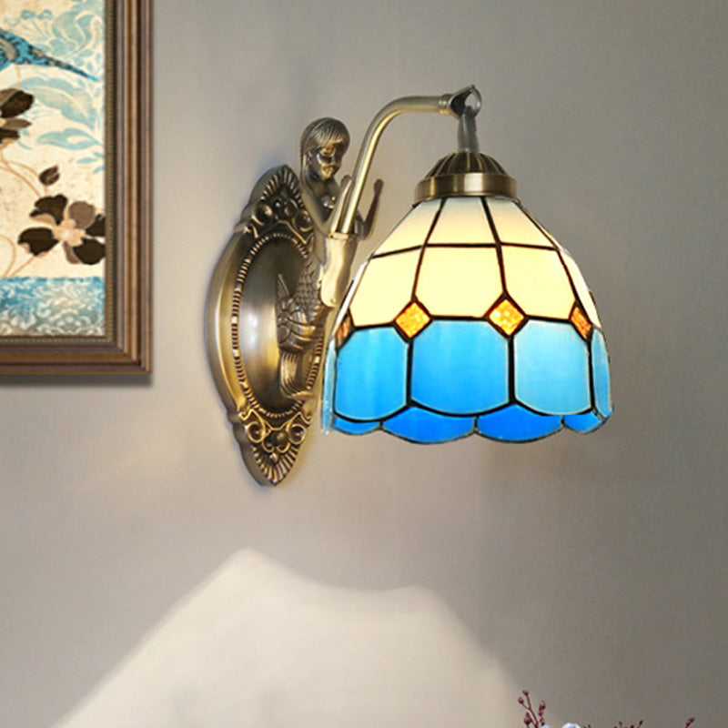 1 Bulb Living Room Wall Mounted Light Baroque Bronze Mermaid Wall Lamp with Grid Dome Dark/Sky Blue and White Glass Shade