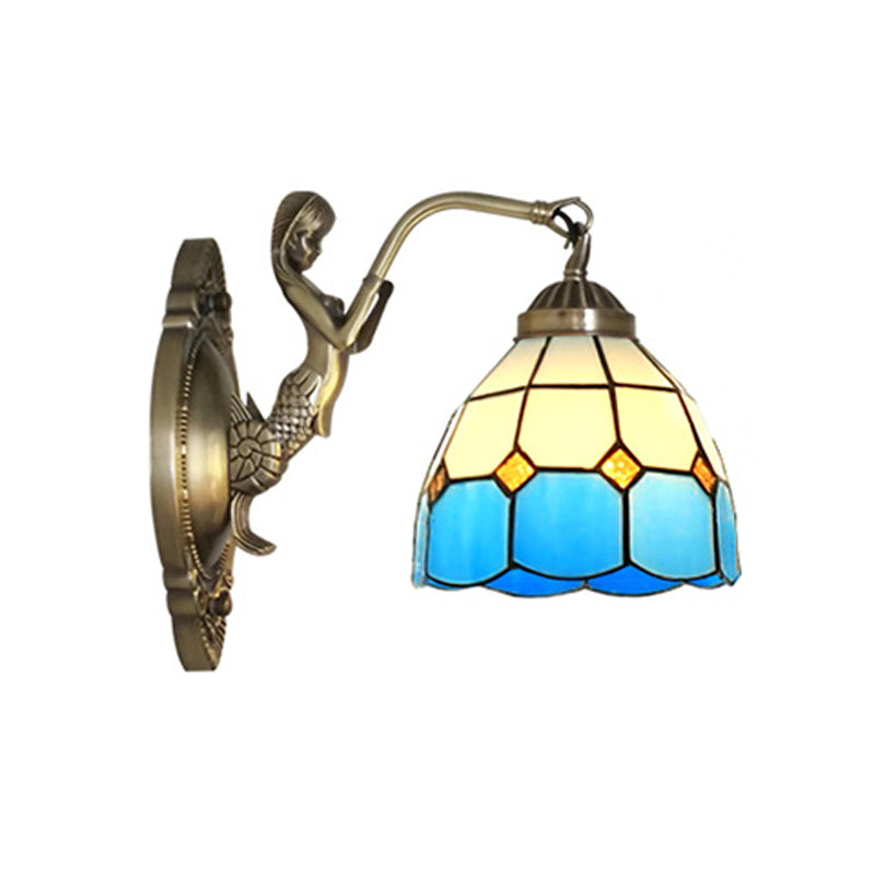 1 Bulb Living Room Wall Mounted Light Baroque Bronze Mermaid Wall Lamp with Grid Dome Dark/Sky Blue and White Glass Shade