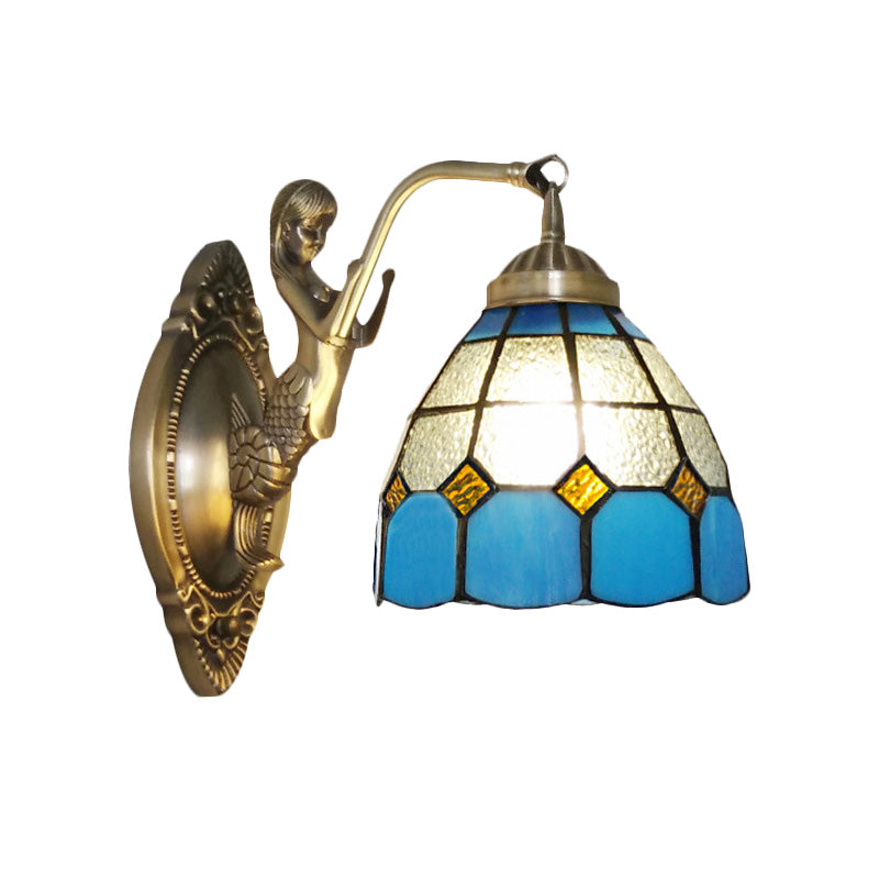 1 Bulb Living Room Wall Mounted Light Baroque Bronze Mermaid Wall Lamp with Grid Dome Dark/Sky Blue and White Glass Shade