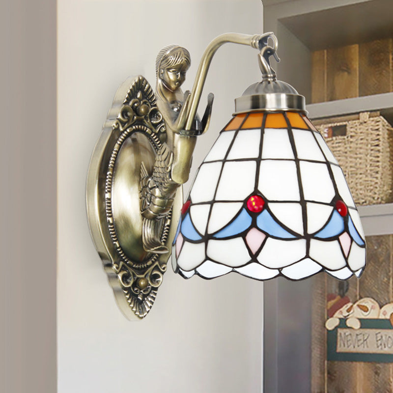Dome Wall Mounted Lamp 1-Bulb Stained Glass Mediterranean Tulip Patterned Wall Lighting in White/Blue with Mermaid Arm