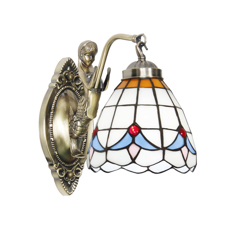 Dome Wall Mounted Lamp 1-Bulb Stained Glass Mediterranean Tulip Patterned Wall Lighting in White/Blue with Mermaid Arm