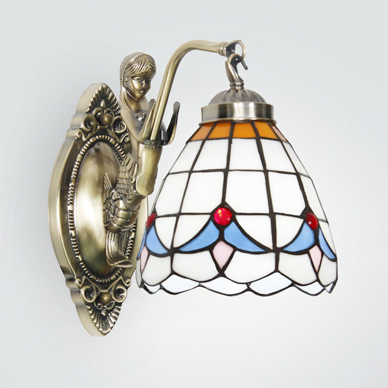 Dome Wall Mounted Lamp 1-Bulb Stained Glass Mediterranean Tulip Patterned Wall Lighting in White/Blue with Mermaid Arm