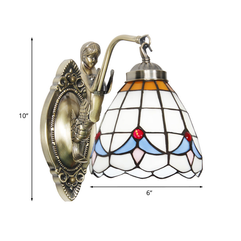 Dome Wall Mounted Lamp 1-Bulb Stained Glass Mediterranean Tulip Patterned Wall Lighting in White/Blue with Mermaid Arm