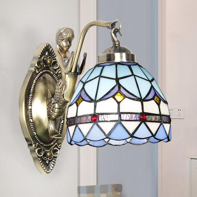 Dome Wall Mounted Lamp 1-Bulb Stained Glass Mediterranean Tulip Patterned Wall Lighting in White/Blue with Mermaid Arm