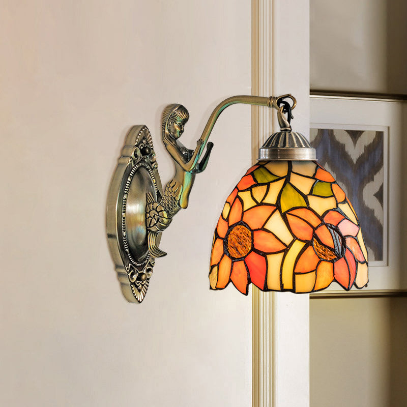 Cut Glass Beige/Orange Wall Mounted Light Bowl 1-Light Victorian Sunflower/Floral Patterned Surface Wall Sconce with Mermaid Arm