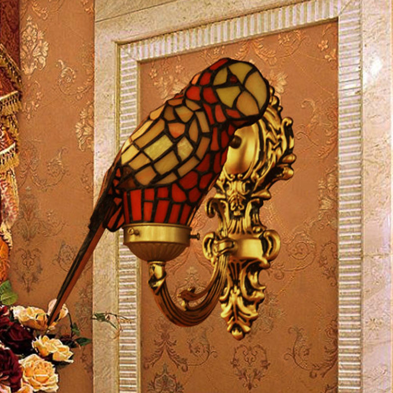 1 Light Wall Mounted Lighting Tiffany Parrot Shaped Stained Glass Sconce Light in Gold with Curvy Arm