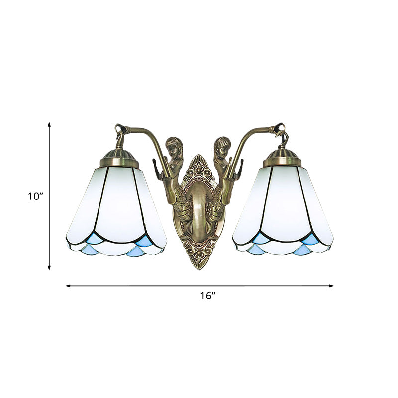 Mission Conic Wall Mount Lamp 2 Heads White/Beige Glass Sconce Light Fixture with Double Mermaid Arm