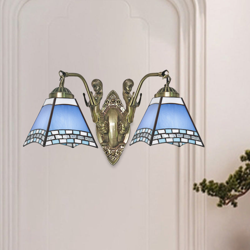 Blue 2-Light Wall Mount Light Mission Style Hand Cut Glass Swallowtail Wall Lighting with Mermaid Arm for Bedroom