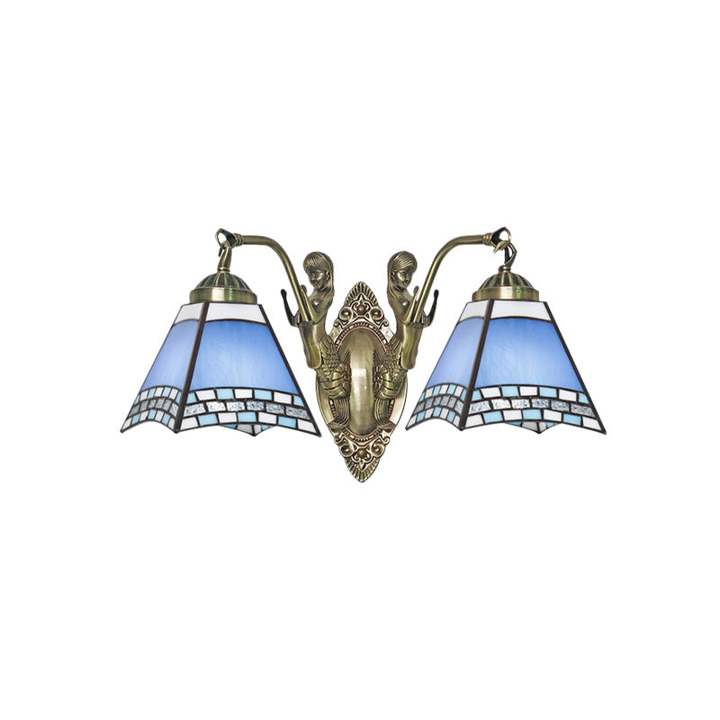 Blue 2-Light Wall Mount Light Mission Style Hand Cut Glass Swallowtail Wall Lighting with Mermaid Arm for Bedroom