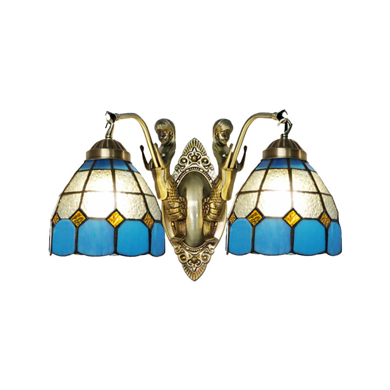2-Head Domed Wall Mount Lighting Tiffany Dark Blue and White/Orange and White Stained Glass Mermaid Wall Sconce with Grid Pattern