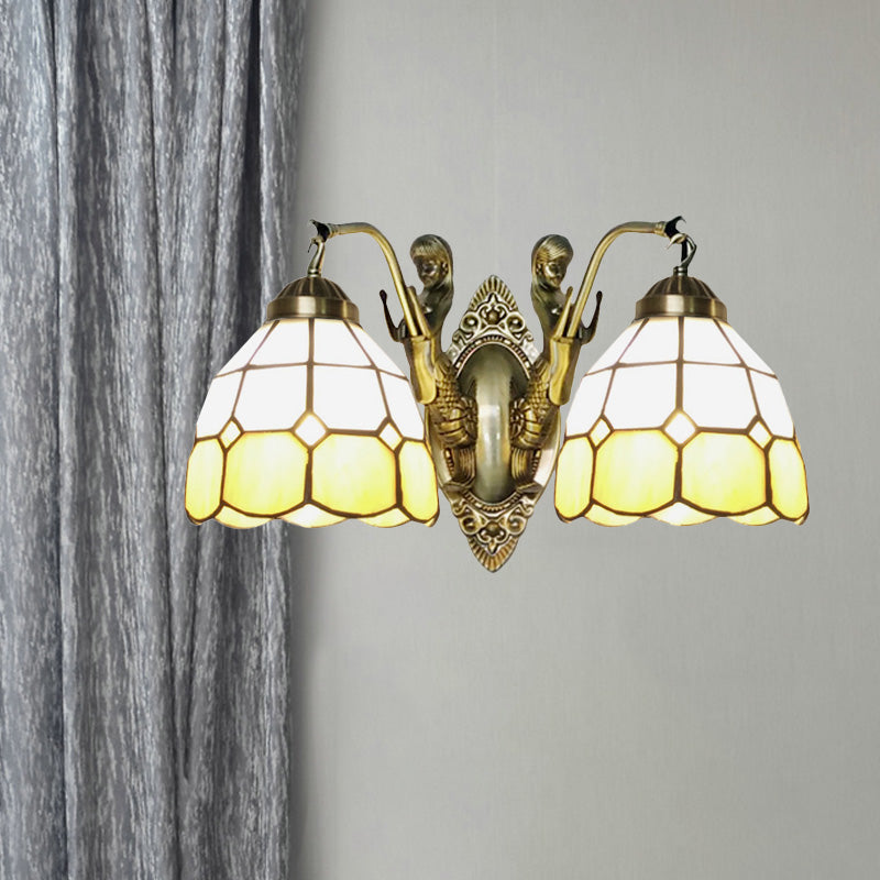 2-Head Domed Wall Mount Lighting Tiffany Dark Blue and White/Orange and White Stained Glass Mermaid Wall Sconce with Grid Pattern