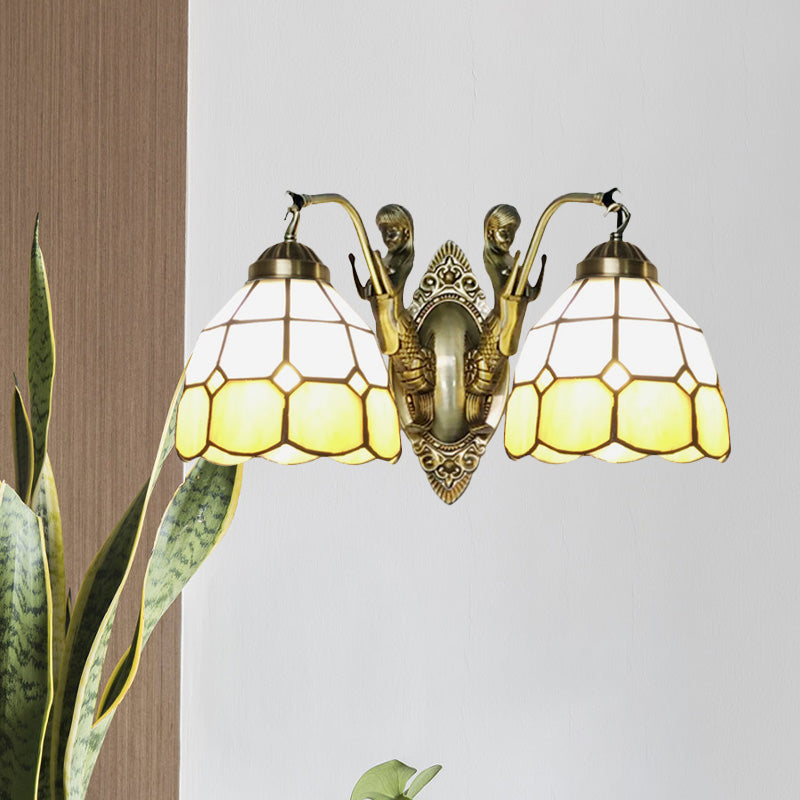 2-Head Domed Wall Mount Lighting Tiffany Dark Blue and White/Orange and White Stained Glass Mermaid Wall Sconce with Grid Pattern