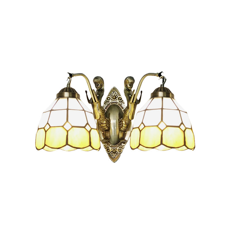 2-Head Domed Wall Mount Lighting Tiffany Dark Blue and White/Orange and White Stained Glass Mermaid Wall Sconce with Grid Pattern