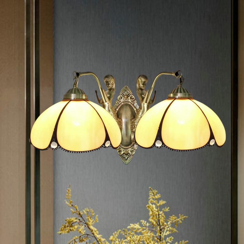 Flower Wall Lighting Fixture Mediterranean Beige Glass 1/2-Light Bronze Wall Light Sconce with Mermaid Arm for Bathroom