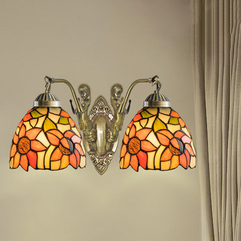 Stained Glass Domed Wall Lighting Tiffany 2-Bulb Beige/Orange Floral Patterned Sconce Light with Mermaid Arm for Bedroom