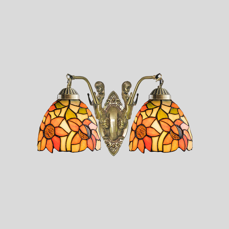 Stained Glass Domed Wall Lighting Tiffany 2-Bulb Beige/Orange Floral Patterned Sconce Light with Mermaid Arm for Bedroom
